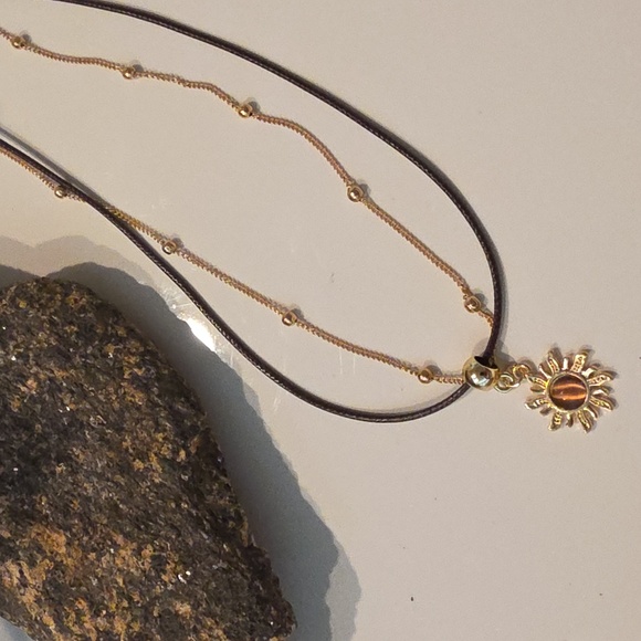 New Free People Corded 2 Layer Tiger's Eye Sunburst Necklace - Picture 6 of 8